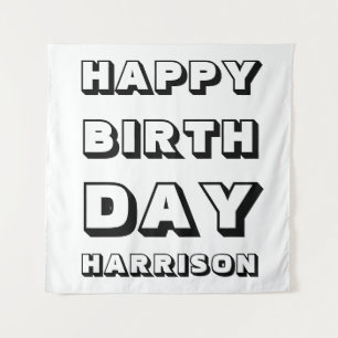 Tenture Joyeux Anniversaire noir blanc nom personnalisé mo