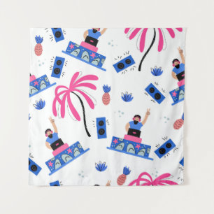 Tenture Joyeux DJ, motif de plage tropical.