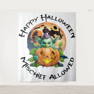 Tenture Joyeux Halloween Gobelin se cachant derrière une c