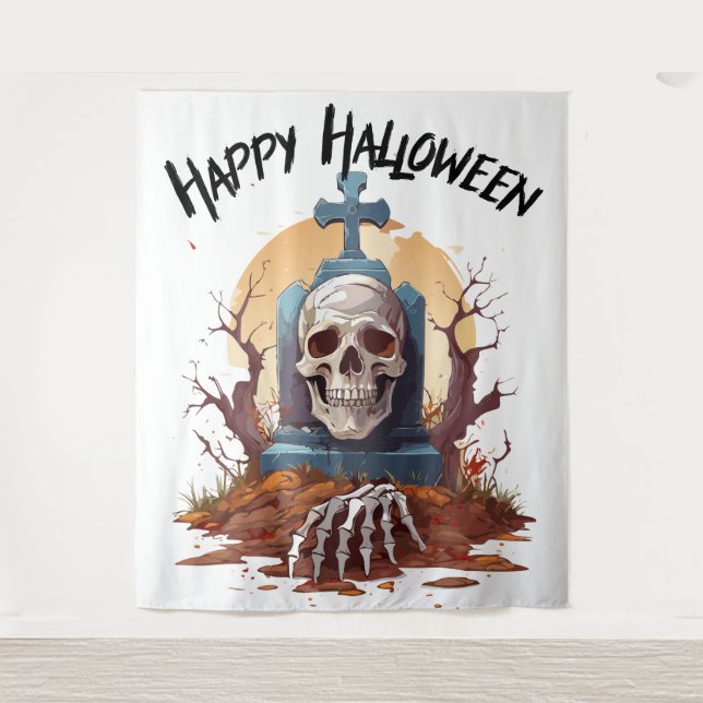 Tenture Joyeux Halloween Tête Pierre Et Squelette (Devant)