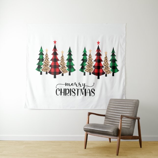 Tenture Joyeux Noël Arbres à Carreaux Rouges et Verts (En situation (horizontale))