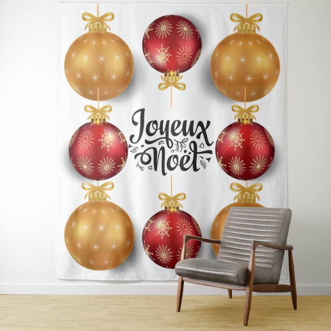Tenture Joyeux Noel ornement de Noël français rouge et or (En situation)