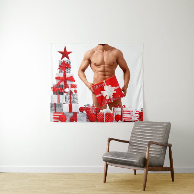 Tenture Joyeux Noël SlipperyJoe cadeau blanc rouge argent (En situation (horizontale))