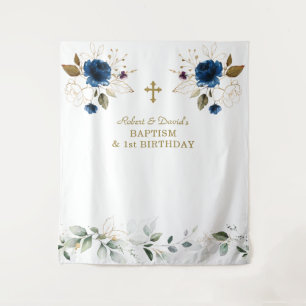 Tenture Jumeaux garçons floraux bleus Baptême 1er annivers