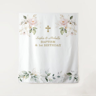 Tenture Jumelles Fleurs Roses 1er Anniversaire Baptême 