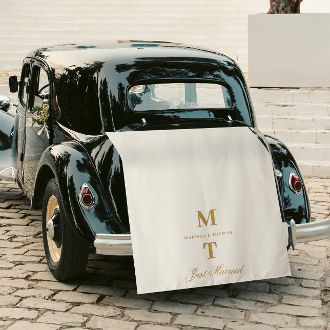 Tenture Just Married Ivory Gold Wedding Car Banner Sign (Just Married Ivory Gold Fabric Car Banner Sign Tapestry)