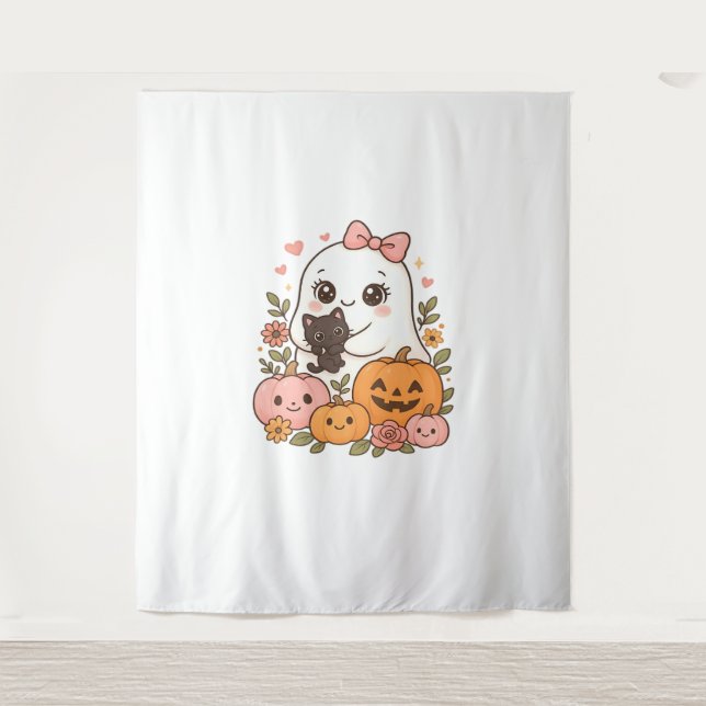 Tenture Kawaii Ghost Halloween Chat noir Citrouille Chat c (Devant)