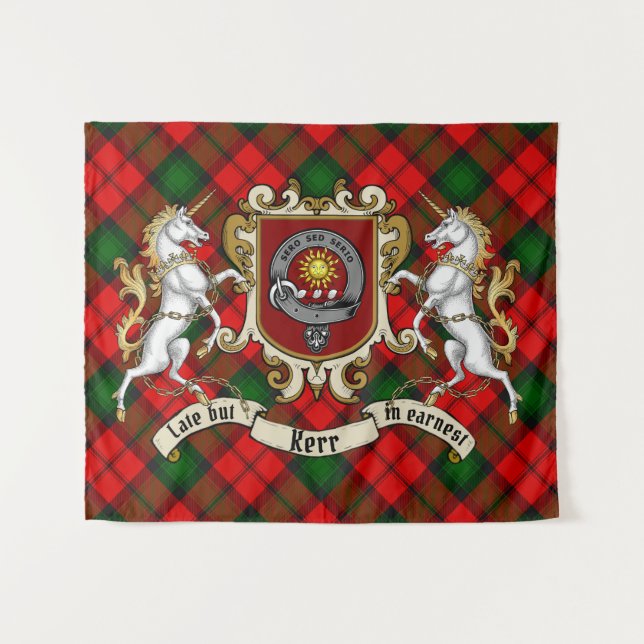 Tenture Kerr Clan Badge & Unicorns avec Tartan (Devant (Horizontal))