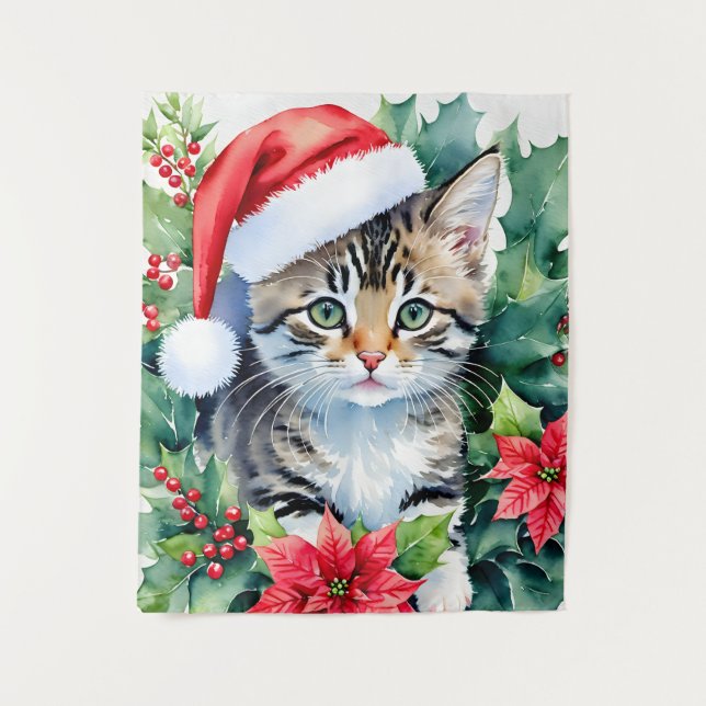 Tenture Kitten À Santa Hat Art De Noël (Devant)