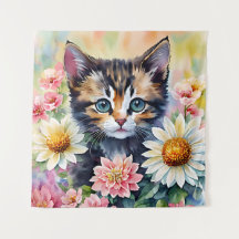 Kitten Daisy Flowers Aquarelle Art