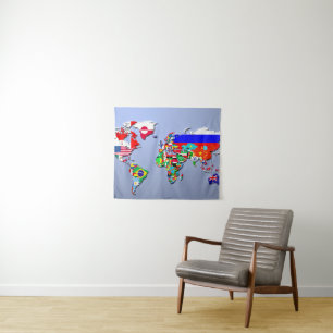 Tenture La carte du monde avec leurs drapeaux