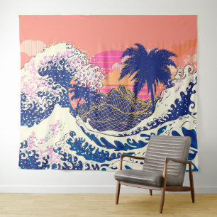 Tenture La grande vague des kanagawa et des palmiers