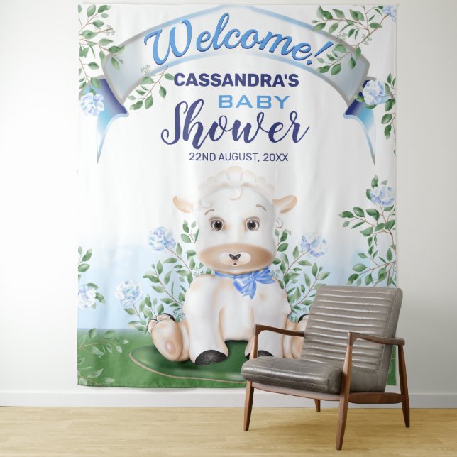 Tenture Lamb Baby shower Floral bleu arrière-plan (En situation)