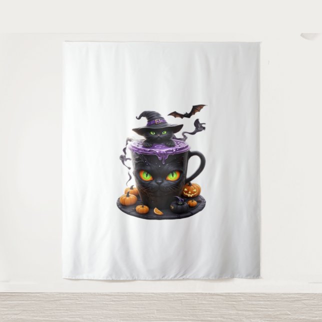 Tenture Latte d'Halloween Chat Sorcière - Café Déplaisant  (Devant)