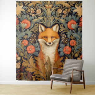 Tenture Le renard et les fleurs rouges style Art nouveau