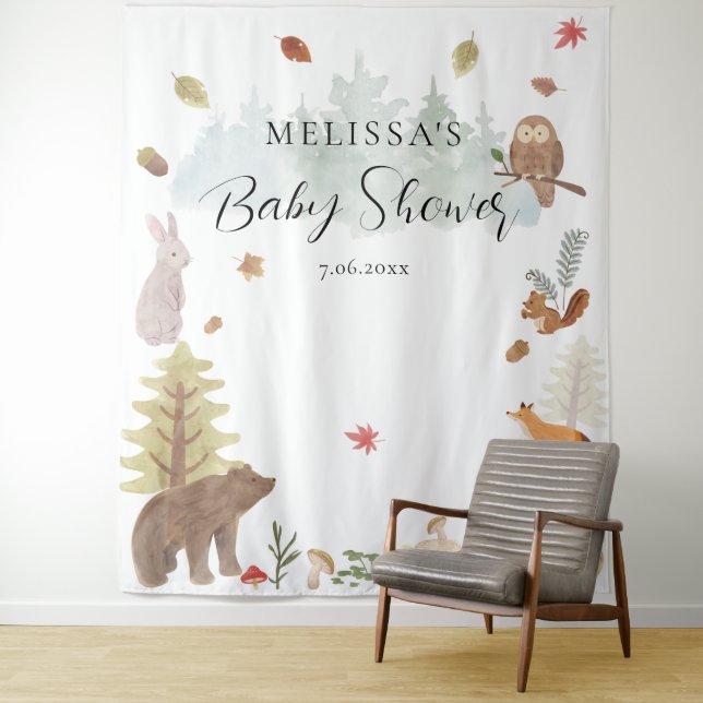 Tenture Les animaux des bois tombent Baby shower arrière (En situation)