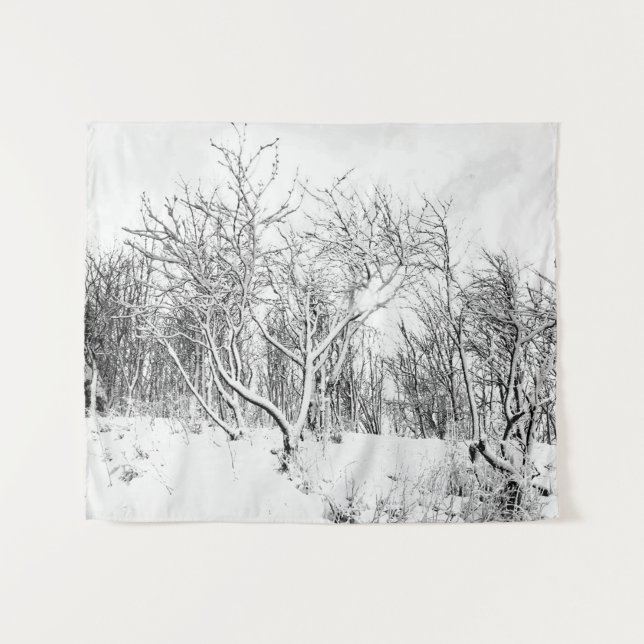 Tenture Les arbres et la scène hivernale de neige, noir et (Devant (Horizontal))