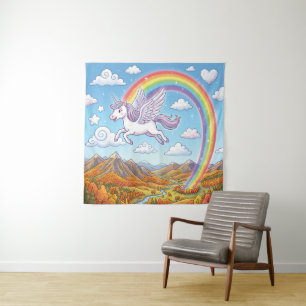 Tenture Licorne volante de dessin animé avec arc-en-ciel