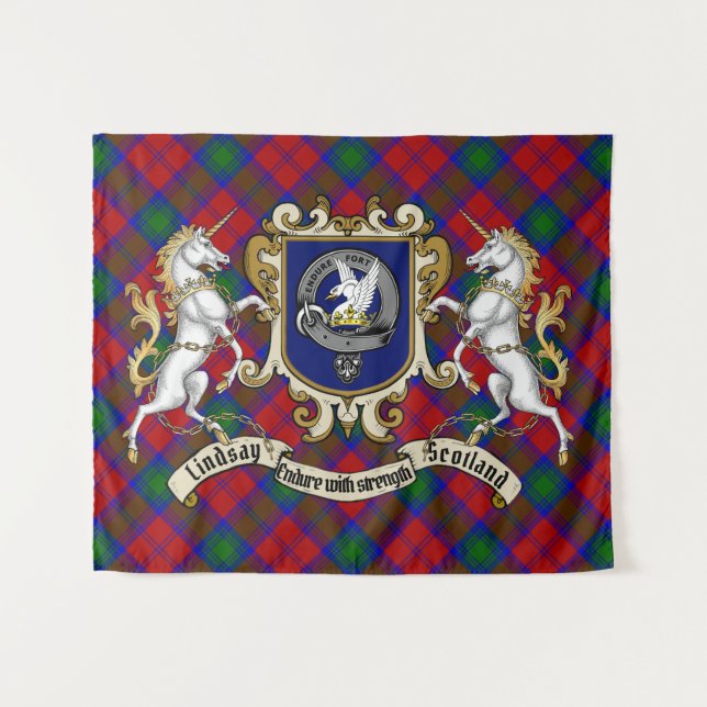 Tenture Lindsay Clan Badge & Unicorns avec Tartan (Devant (Horizontal))