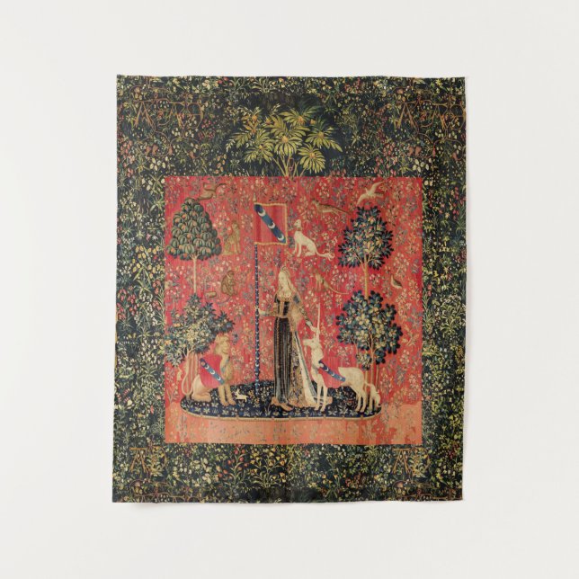 Tenture Lion de DAME ET de LICORNE, fleurs d'imaginaire, (Devant)