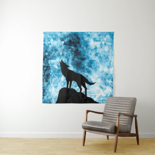 Tenture Loup hurlant Fumée bleue neigeuse d'hiver Abstrait