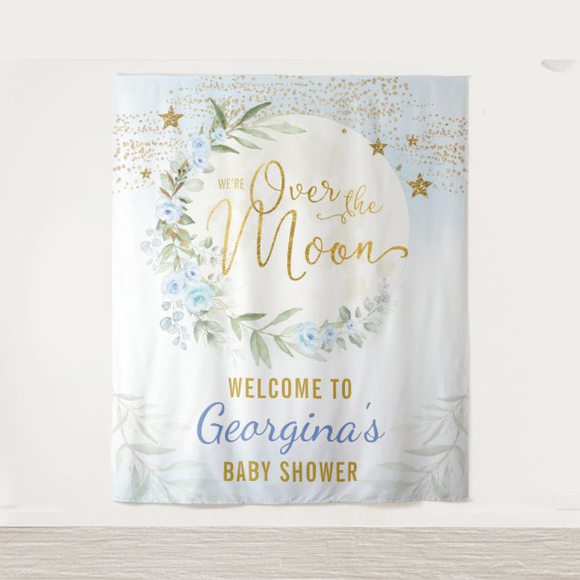 Tenture Lune Magique Étoiles Bleu Or Bienvenue Garçon (Devant)