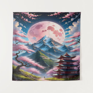 Tenture Lune rose et pagode de fleurs de cerisier : anime