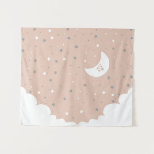 Tenture Lune rose orange et ciel étoilé