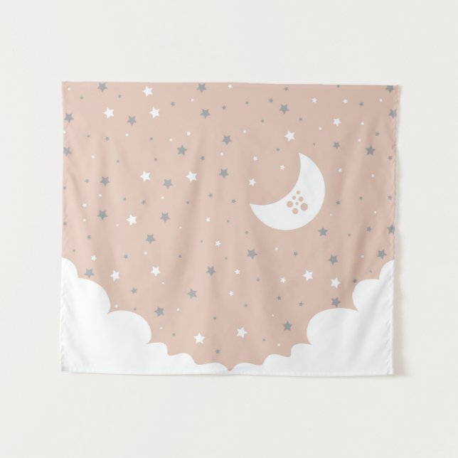 Tenture Lune rose orange et ciel étoilé (Devant (Horizontal))