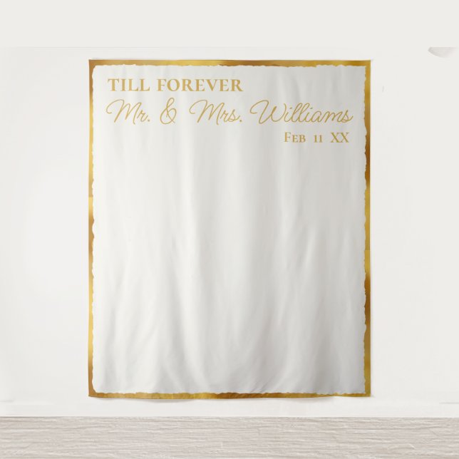 Tenture Luxe Gold Edge Off White M. Mme Mariage Backdrop (Devant)
