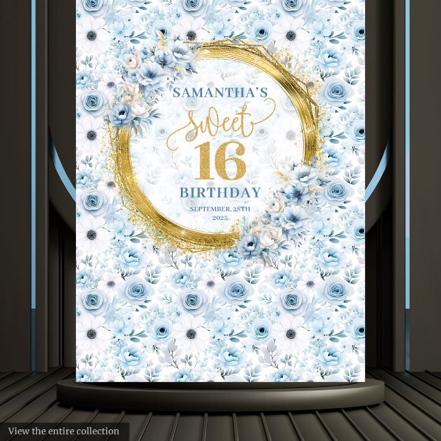 Tenture Luxe Pastel Blue Sweet 16 Gold Parties scintillant (Luxury Pastel Blue Sweet 16 Gold Glitter Backdrop Banner)