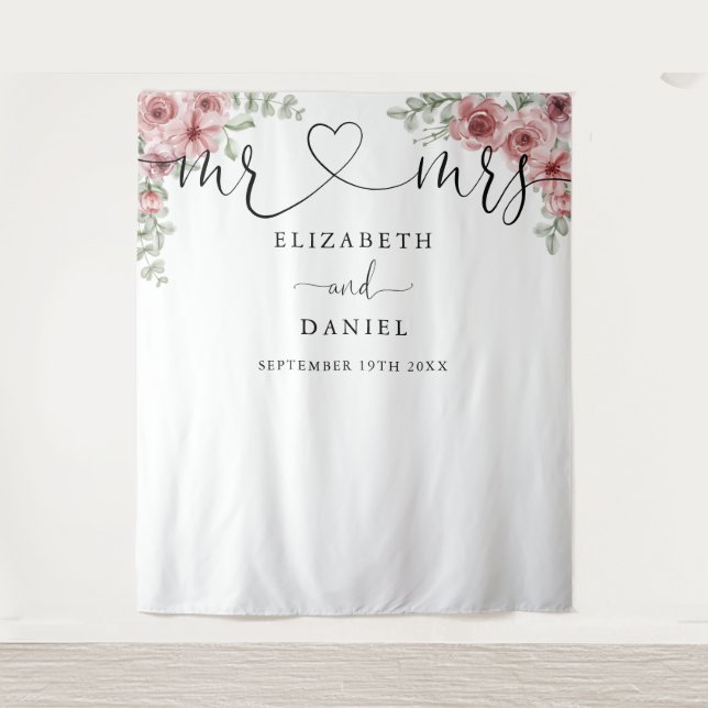 Tenture M. Mme Script Floral Mariage Photo Booth Arrière-p (Devant)