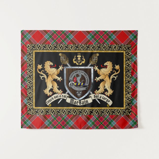Tenture MacBain Clan Badge & Motto avec Lions (Devant (Horizontal))