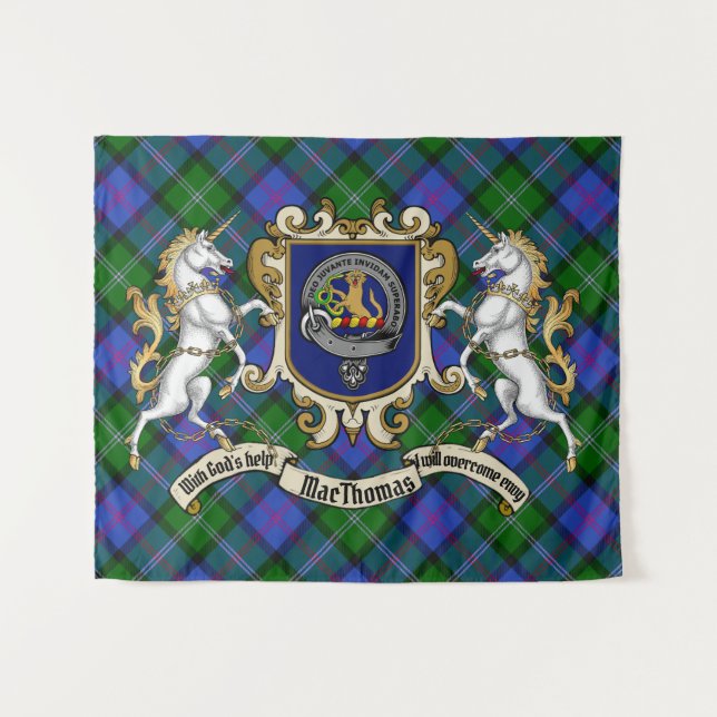 Tenture MacThomas Clan Badge & Unicorns avec Tartan (Devant (Horizontal))