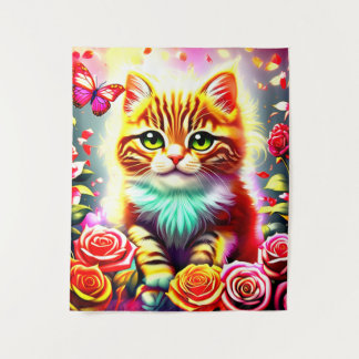 Tenture "Magical Tabby Cat with Roses and Butterfly Art Pr