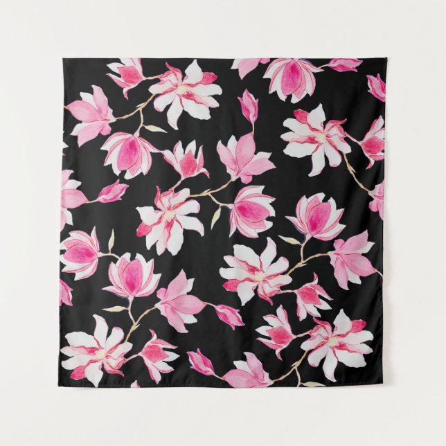 Tenture Magnolia romantique : aquarelle noire (Devant)