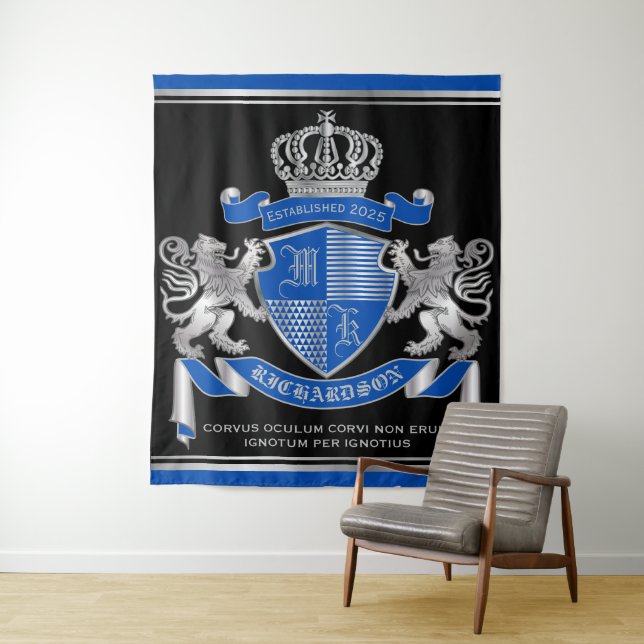 Tenture Make Your Own Coat of Arms Blue Silver Lion Emblem (En situation)