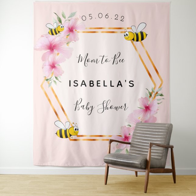 Tenture Maman de la fête de bébé abeille rose fleurs fille (En situation)