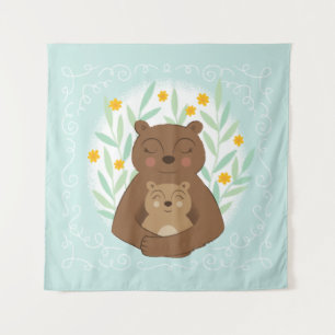 Tenture Maman Ours et Ourson sur Aqua Blue