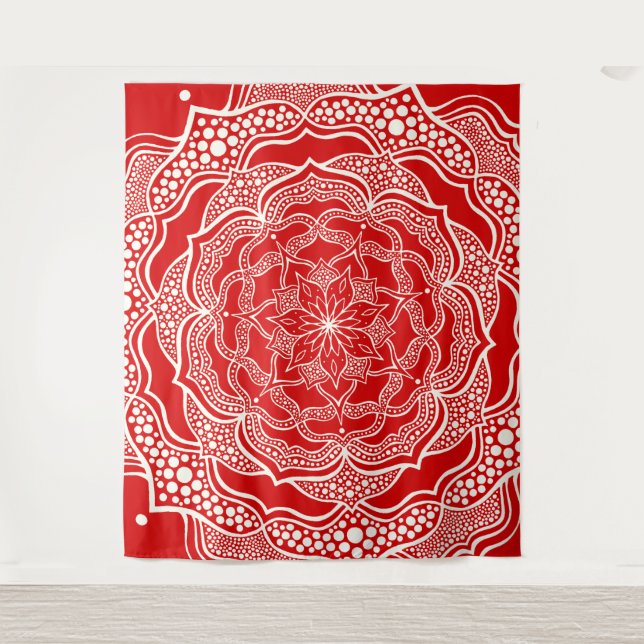 Tenture Mandala Art Boho Chic Elégant Blanc Rouge Noël (Devant)