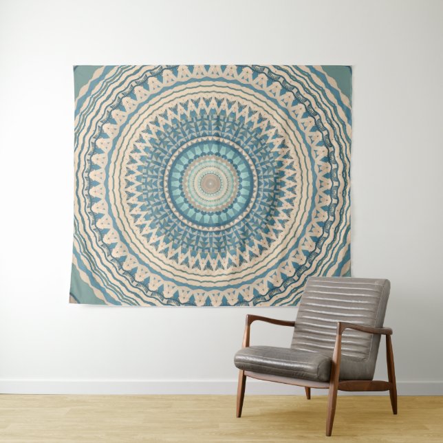 Tenture Mandala beige Turquoise clair (En situation (horizontale))