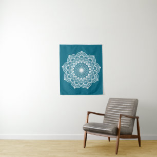 Tenture Mandala blanc sur fond bleu petit