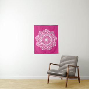 Tenture Mandala Blanc sur Fond Rose Petit