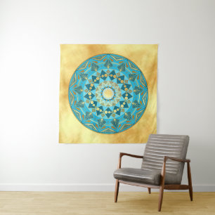 Tenture Mandala bleu or sur fond or doux