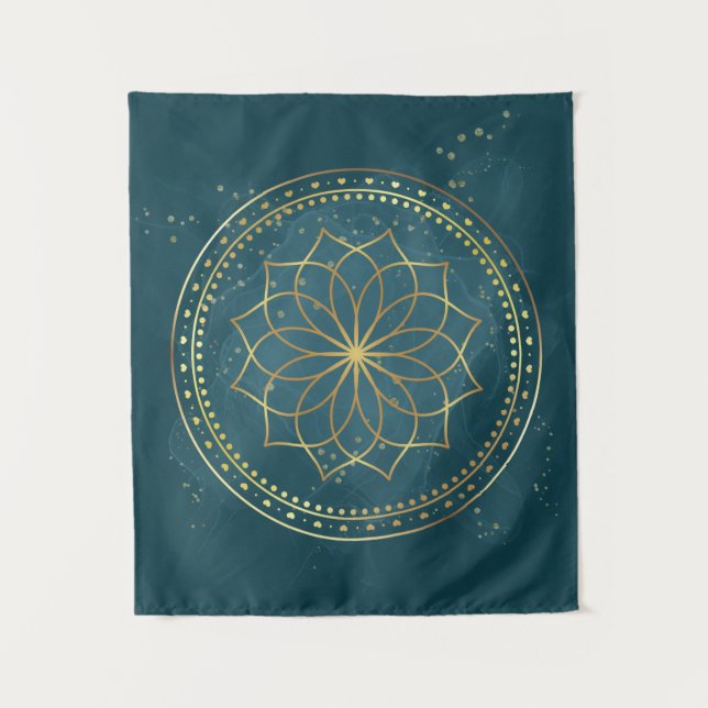 Tenture Mandala d'or en Turquoise (Devant)