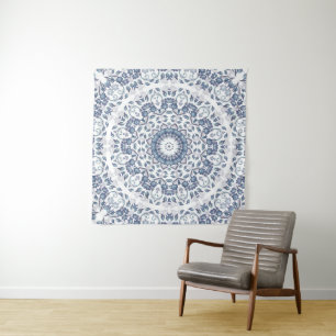 Tenture Mandala florale bleu poussiéreux