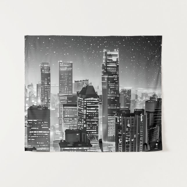 Tenture Manhattan Under the Stars en noir et blanc (Devant (Horizontal))