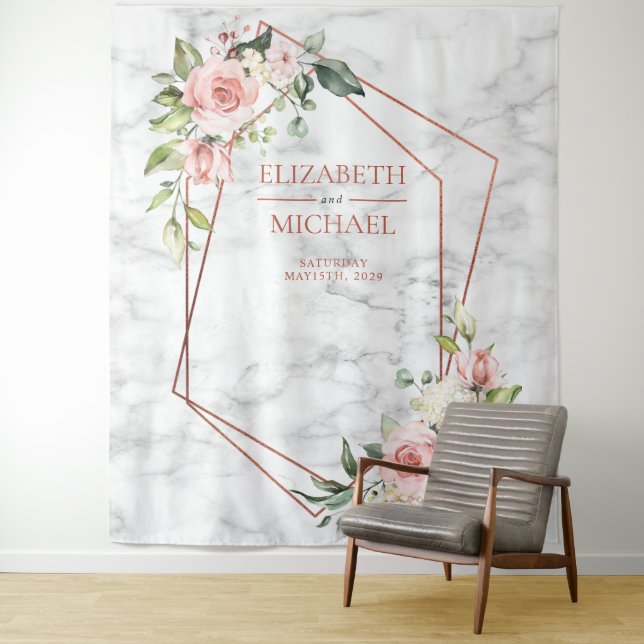 TENTURE MARBRE GEOMETRIQUE CUIVRE FLEURS ROSES (En situation)