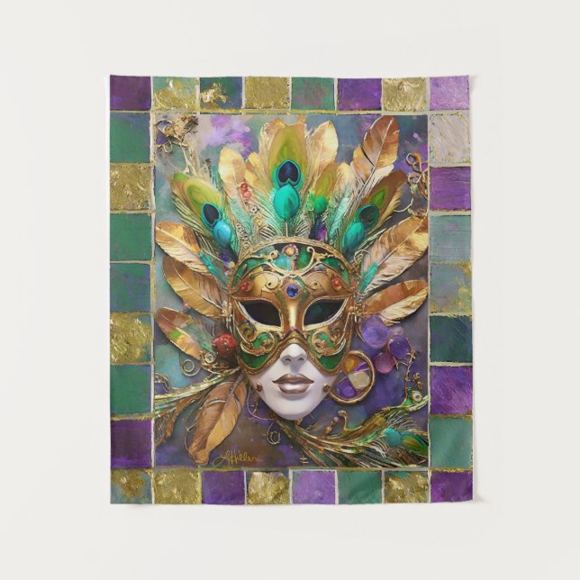 Tenture Mardi Gras Gold et vert Peacock Feature Masque (Devant)