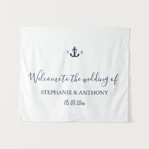 Tenture Mariage à l'ancre bleu marine Monogramme